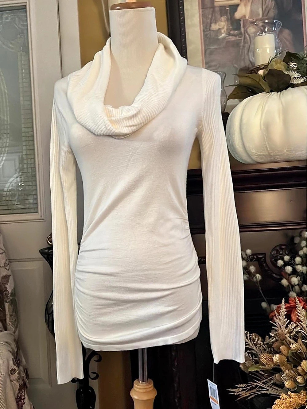 Amara Ruched Cowl Neck Rib T-Shirt White